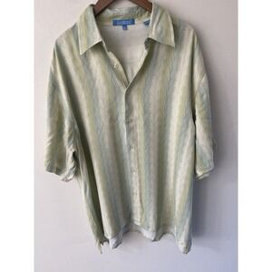 Lanzzino Mens Green Blue White Striped Short Sleeve Button Down 100% Rayon